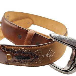 Tony Lama Brown Leather Belt 36 Topaz Crystal Stud Western Overlay Stitched Boho